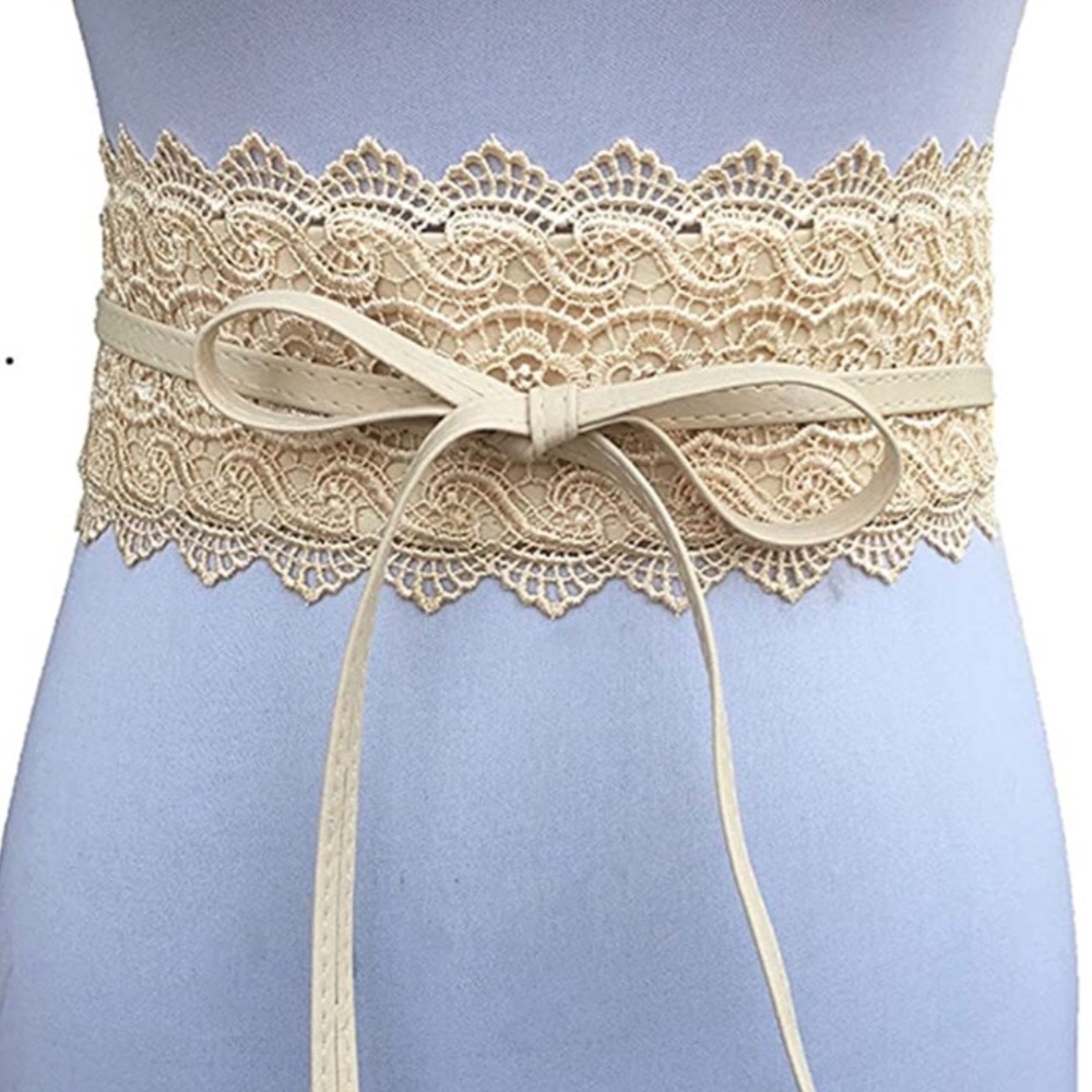 Cream Lace faux leather wide boho belt stretch - Picture 7 of 9